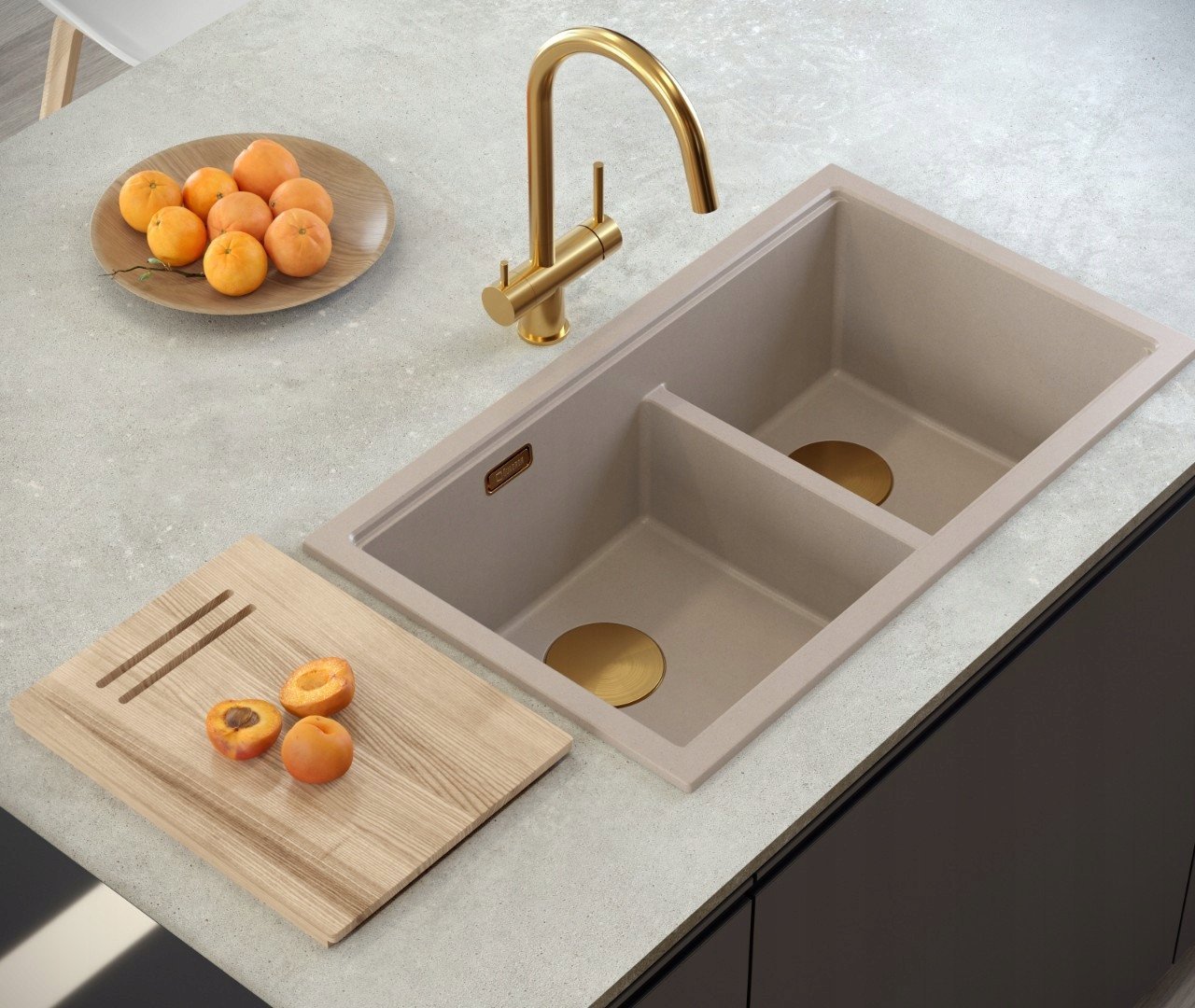 QUADRON | LOGAN 120 | granitowy zlewozmywak kuchenny SOFT TAUPE + MIEDŹ PVD | wymiar: 76 x 45 x 23,5 cm | 2-komorowy wpuszczany | podbudowa szafki od: