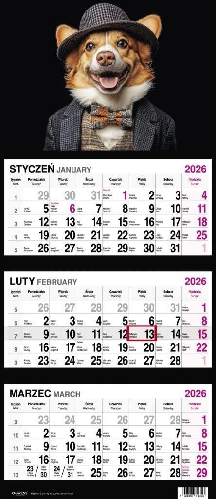 Kalendarz 2026 Trójdzielny Pies