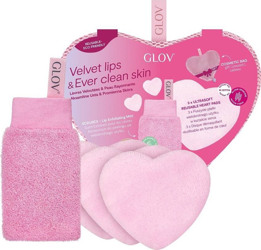 Glov Glov Lips & Ever Clear Skin zestaw rękawica do peelingu ust + wielorazowe płatki kosmetyczne w kształcie serca