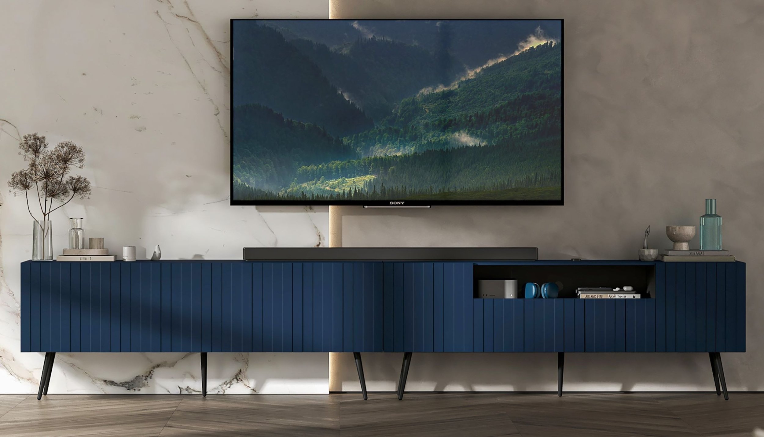 Meble Lindner Komoda RTV Glamour Nowoczesna Szafka RTV Granatowy Mat Ryflowane fronty Czarne Nogi Metalowe Loft 300 cm