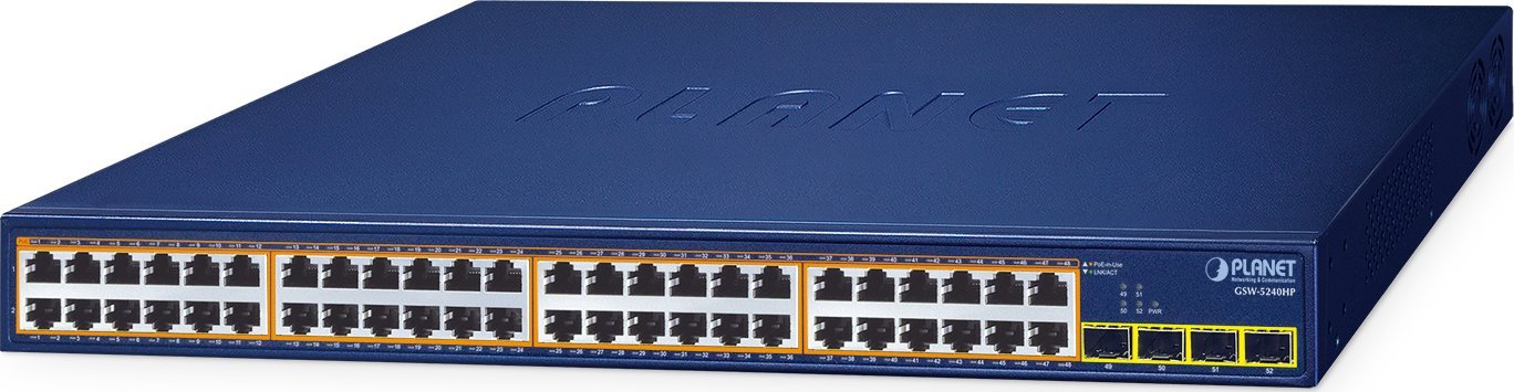 PLANET 48-Port 10/100/1000T 802.3at GSW-5240HP Nie zarządzany Gigabit Ethernet (10/100/1000) Obsługa PoE 1U Niebieski