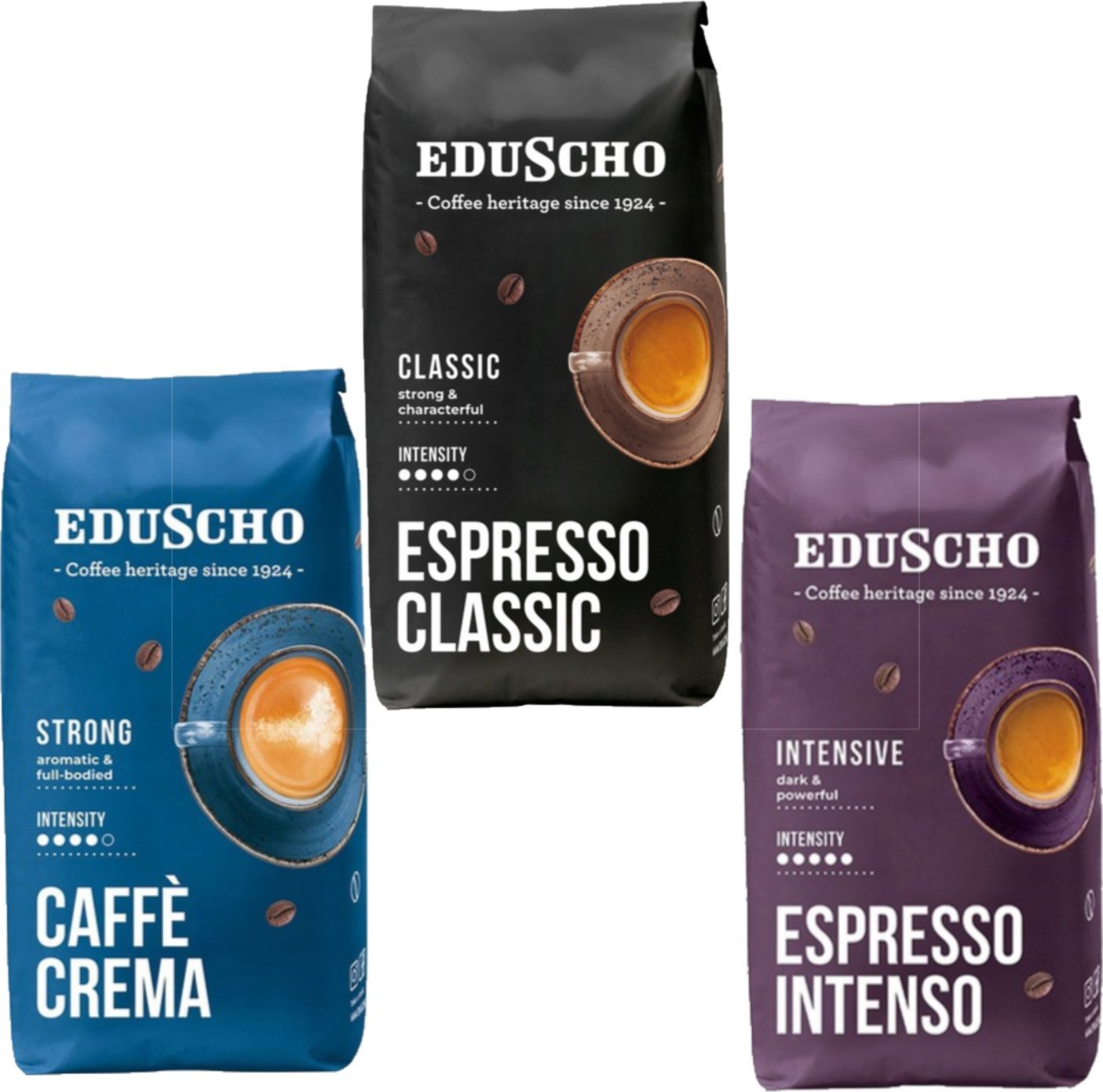 EDUSCHO ZESTAW KAW ZIARNISTYCH EDUSCHO CAFFE CREMA STRONG 1KG+ EDUSCHO ESPRESSO CLASSIC 1KG+ EDUSCHO ESPRESSO INTENSO 1KG