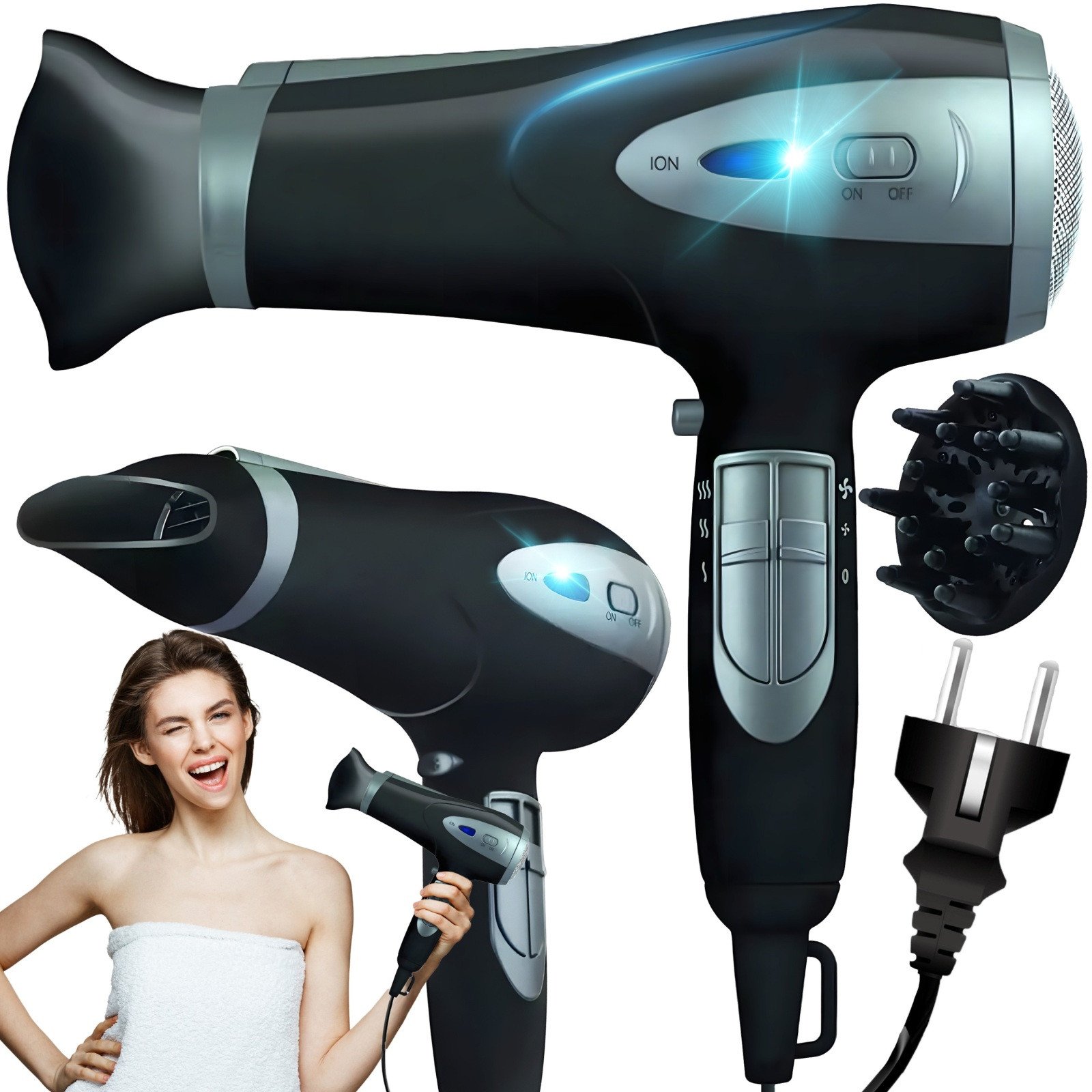 Suszarka do włosów z jonizacją zimnym nawiewem akcesoriami 5w1 2000 W Suszarka do włosów z jonizacją zimnym nawiewem akcesoriami 5w1 2000 W