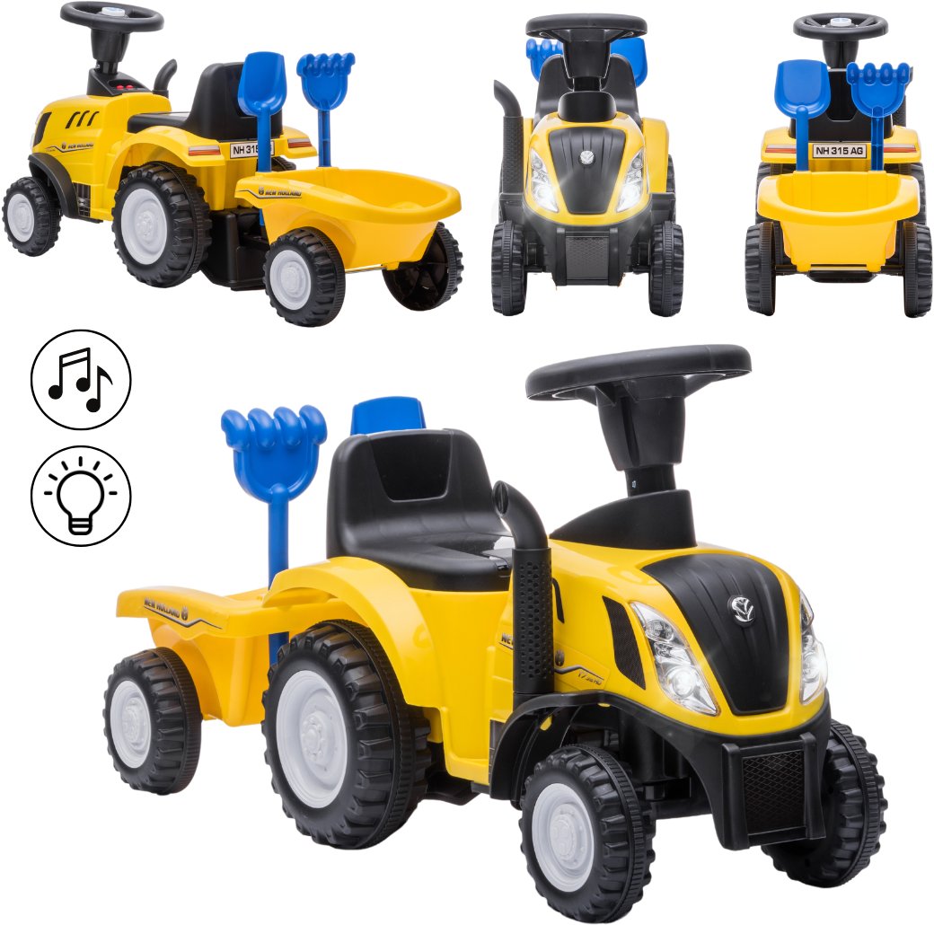 Jeździk odpychacz traktor z przyczepką i funkcjami dźwiękowymi oraz świetlnymi NEW HOLLAND żółty