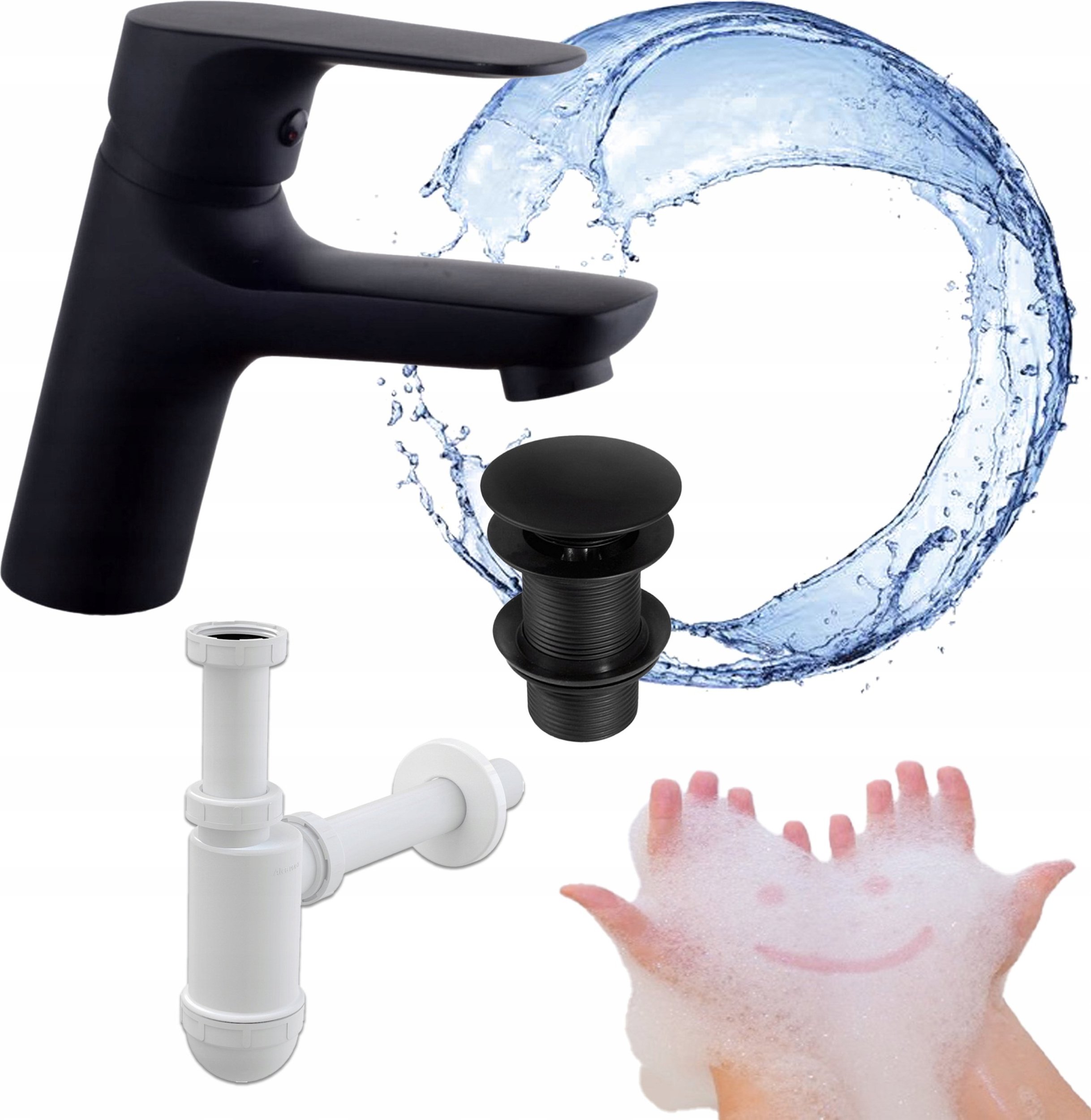 Bateria umywalkowa Stamar Bateria Umywalkowa Stojąca Czarna Korek Klik Klak Click Clack + Półsyfon