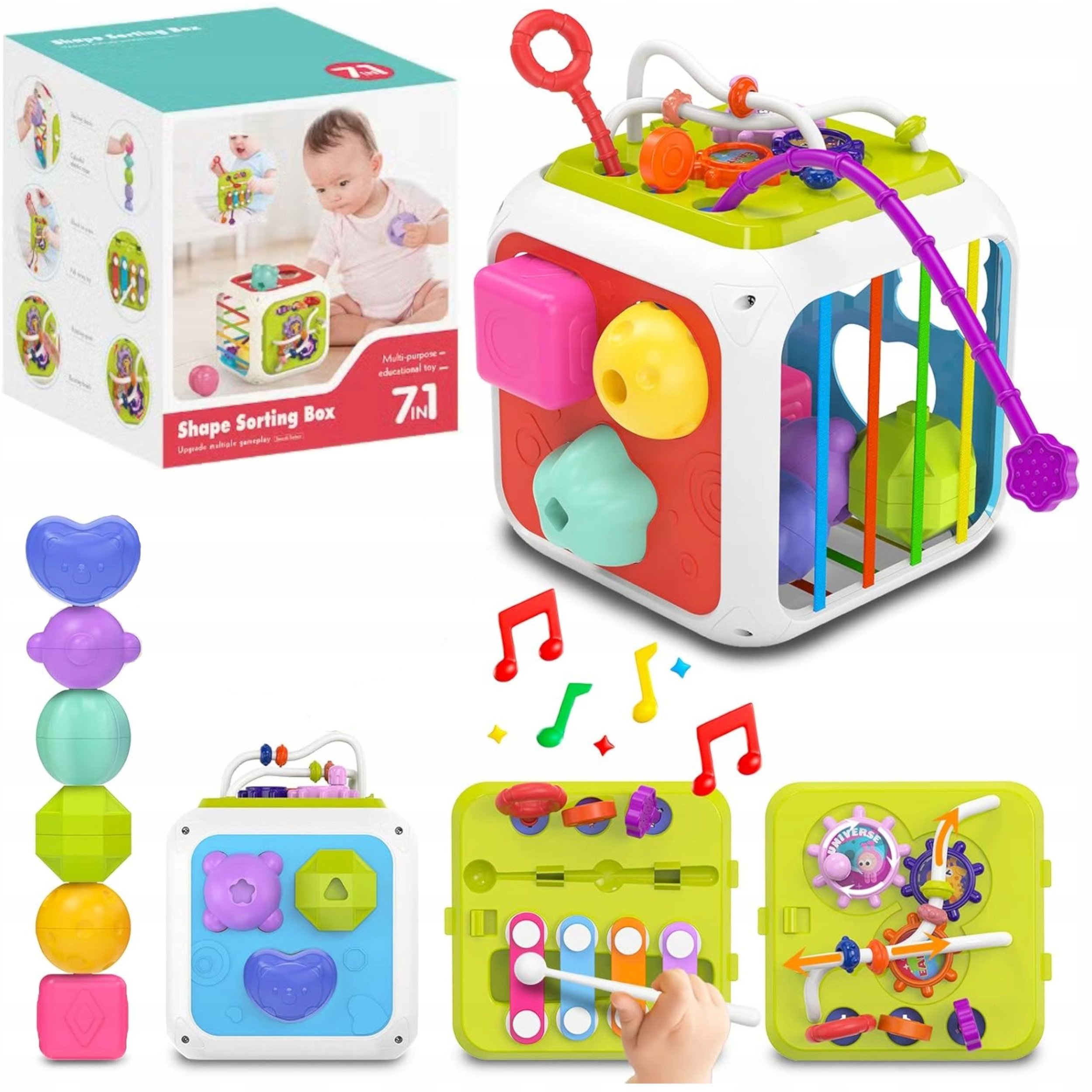 LUXMA kostka sensoryczna sorter kształtów klocki cymbałki 18m+