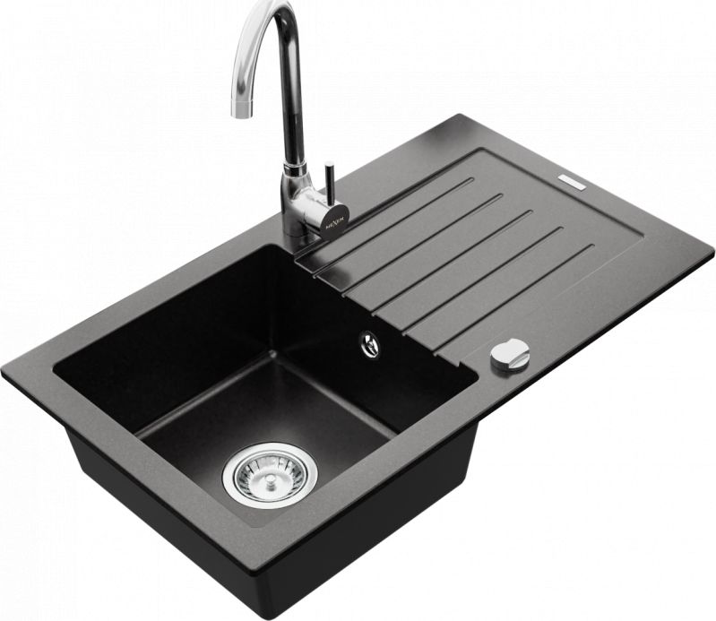 Zlewozmywak Mexen Pablo granitowy 1-komorowy z ociekaczem i baterią kuchenną Telma, czarny - 6510-77-670200-00