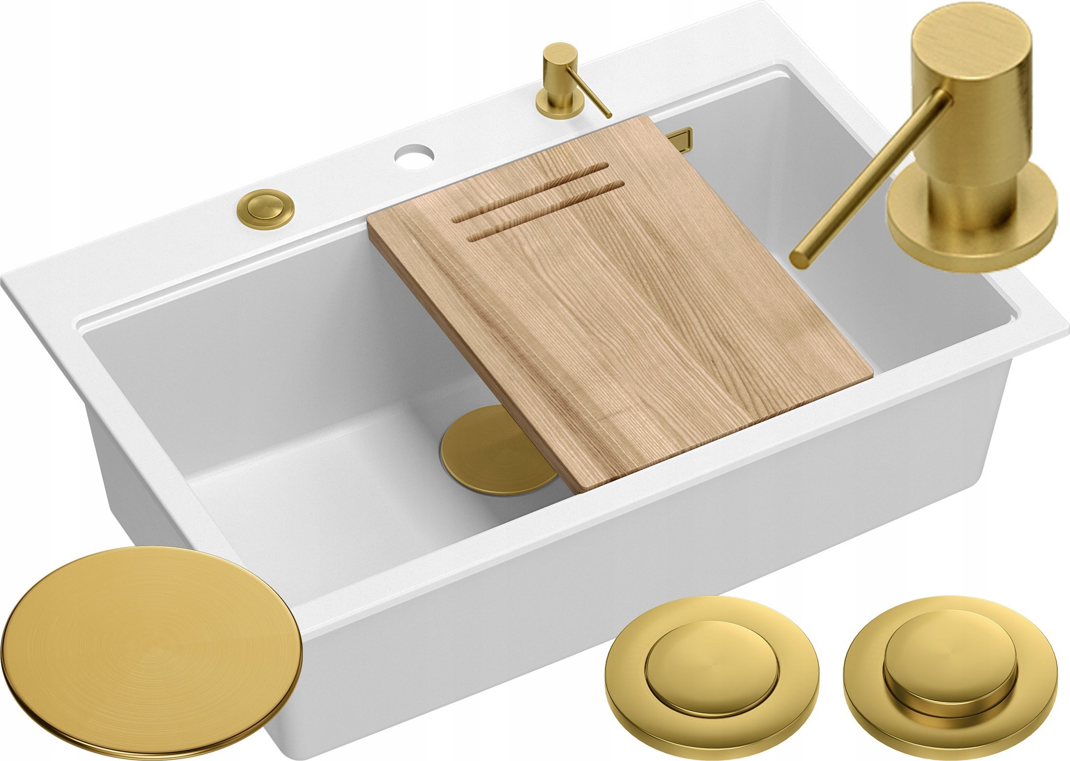 Zlewozmywak GraniteQ Zlewozmywak granitowy MARC 1-komorowy 76x50 cm biały/snow white + Nano ZŁOTO PVD