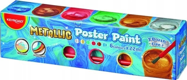 Keyroad Farby plakatowe KEYROAD Metallic, 6x22ml, pędzelek gratis, w pudełku, mix kolorów