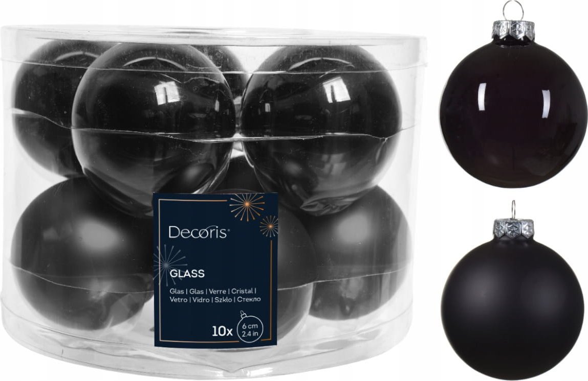 Kaemingk Zestaw 10 czarnych szklanych bombek choinkowych 6cm błyszczące matowe