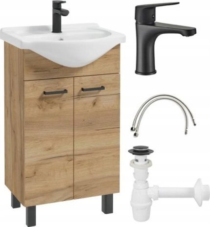 Deftrans Szafka łazienkowa z umywalką 50 + czarna bateria + syfon dąb craft Mea