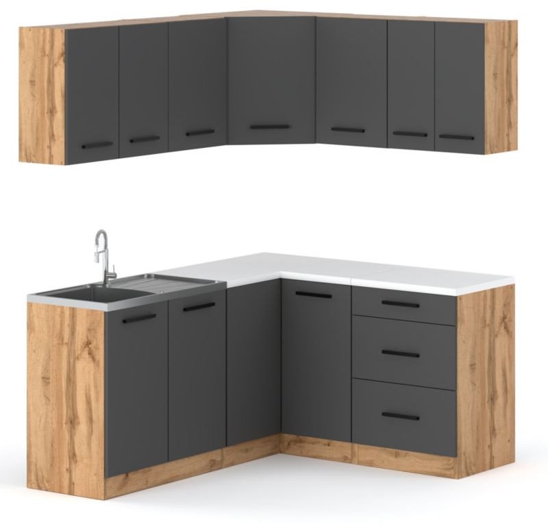 Meble Kuchenne Narożne Modułowe Szare Z Drewnem Bella Szara Dąb Wotan