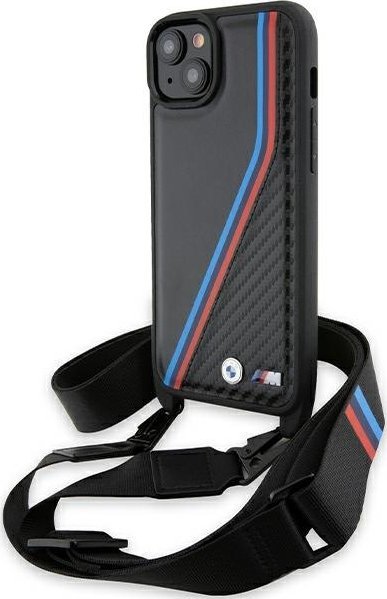 BMW Etui BMHCP15M23PSVTK Apple iPhone 15 Plus / 14 Plus hardcase M Edition Carbon Tricolor Lines & Strap czarny/czarny