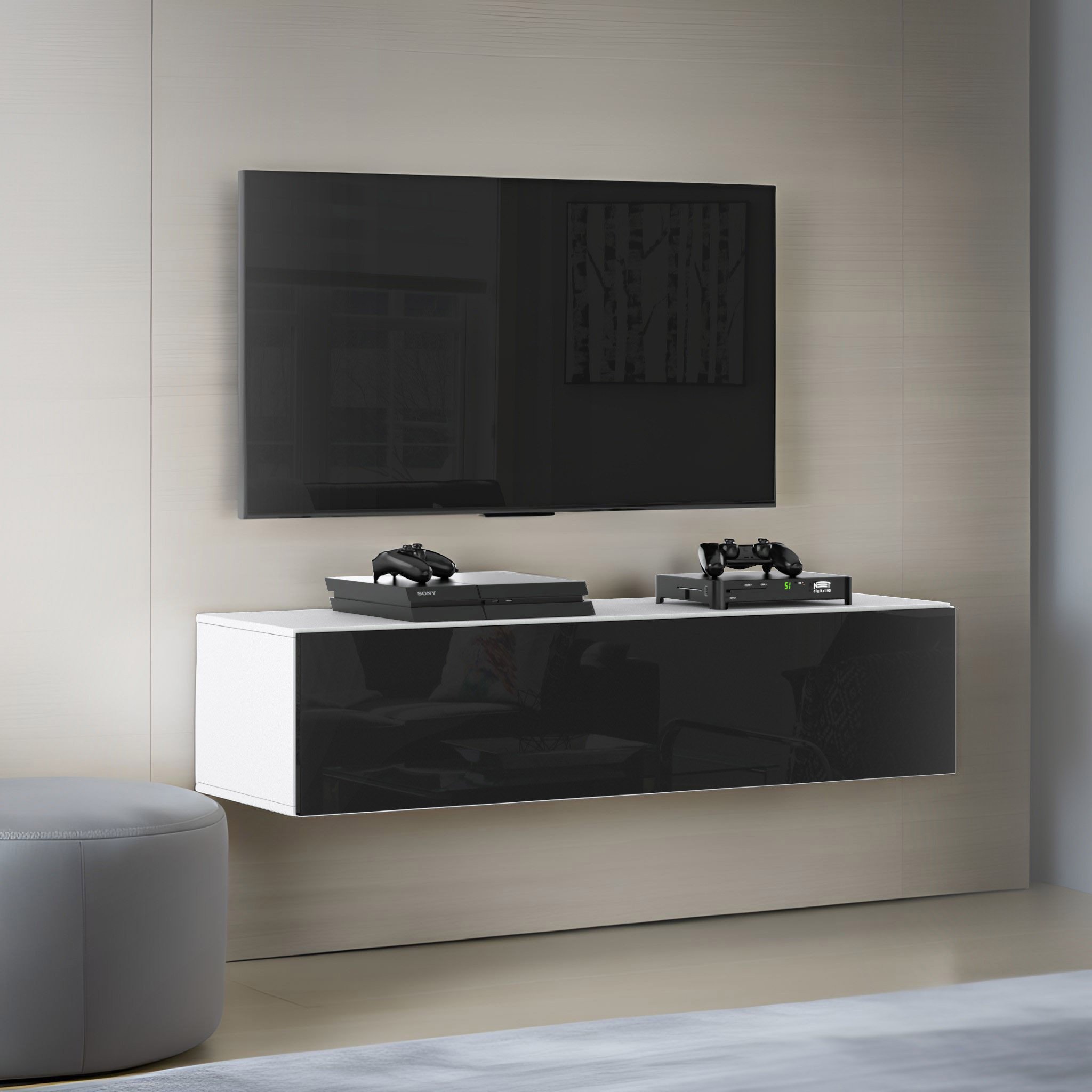 Szafka Rtv Stolik Wiszący Do Sypialni Nowoczesna 140cm Biały Czarny Połysk