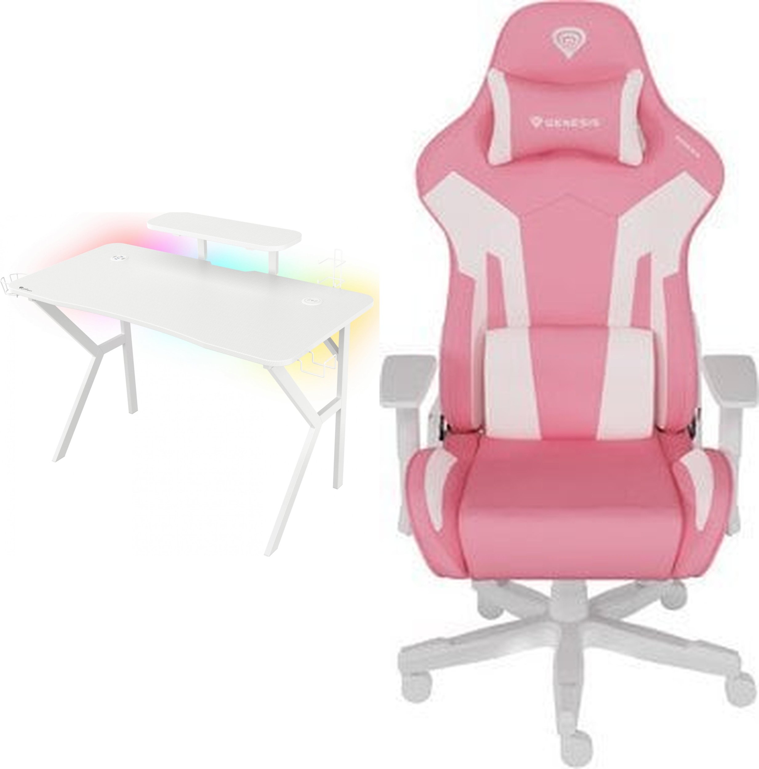 Biurko Genesis Holm 320 RGB Białe 120 cmx60 cm + Fotel Nitro 710 różowo-biały