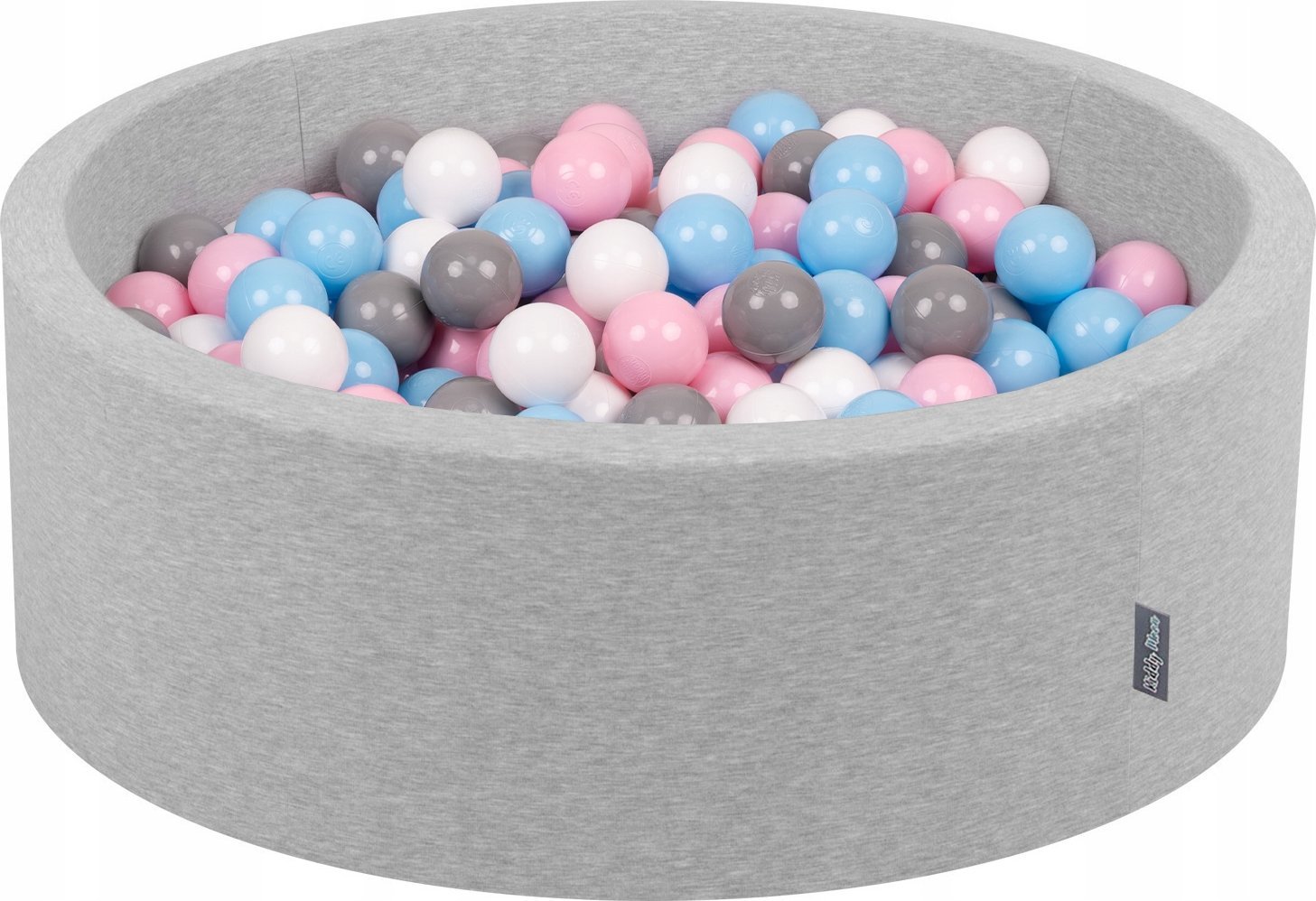 KiddyMoon Suchy basen okrągły z piłeczkami 7cm jasnoszary: biały-szary-babyblue-pudrowy róż 90x30cm/300piłek Zabawka basen piankowy