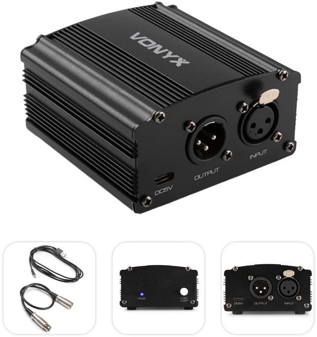 ML Zasilacz phantom Vonyx VDX10 48 V - USB-C - zbalansowane wejście i wyjście XLR - czarny