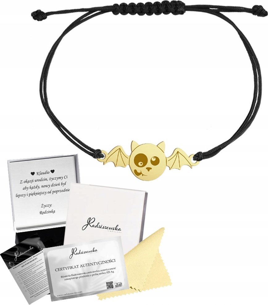 Radziszewska Jewellery Bransoletka Złota z Nietoperzem Halloween 925 Sznurek Prezent ŻYCZENIA