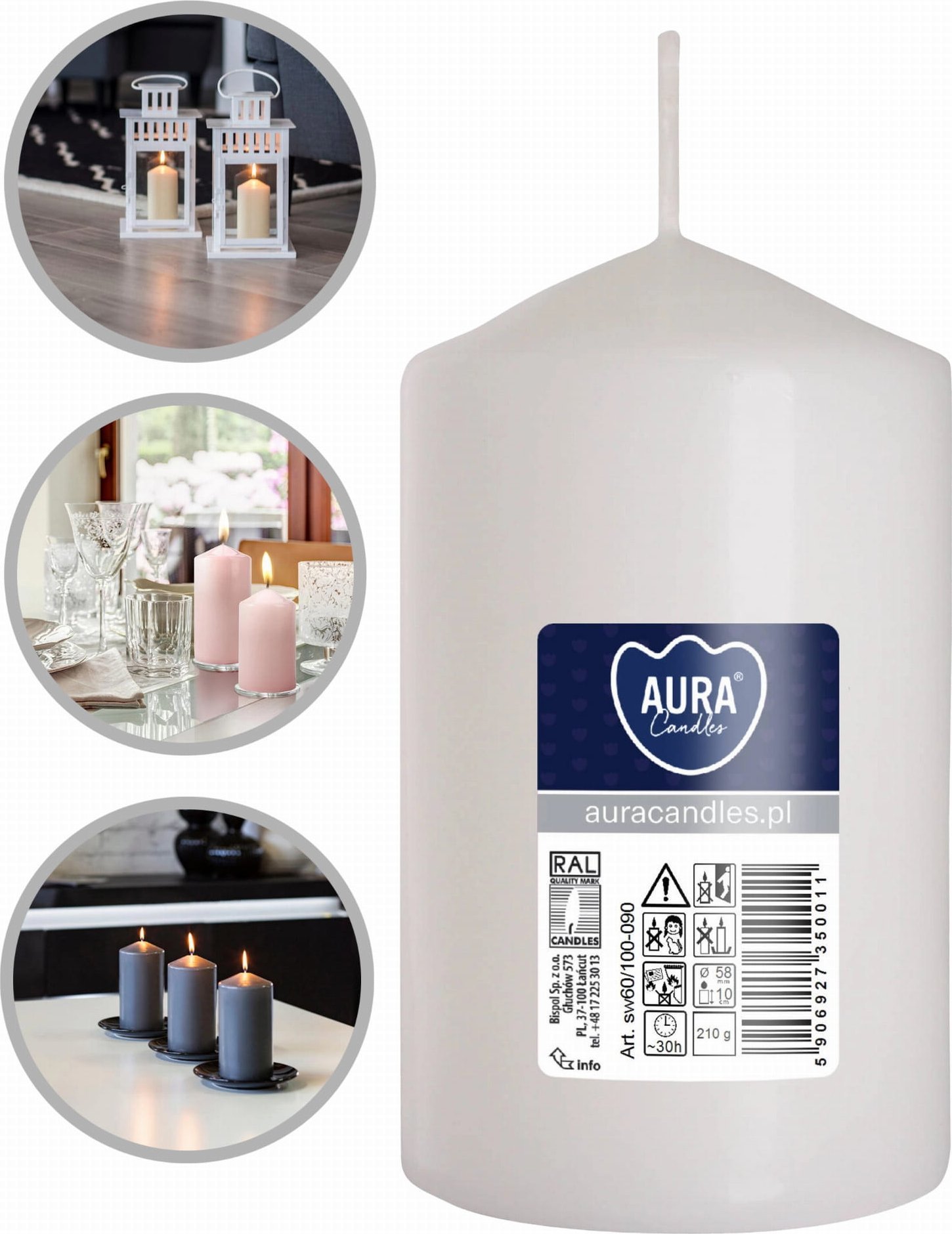 AURA Świeca Walec Biała 30h sw60/100-090