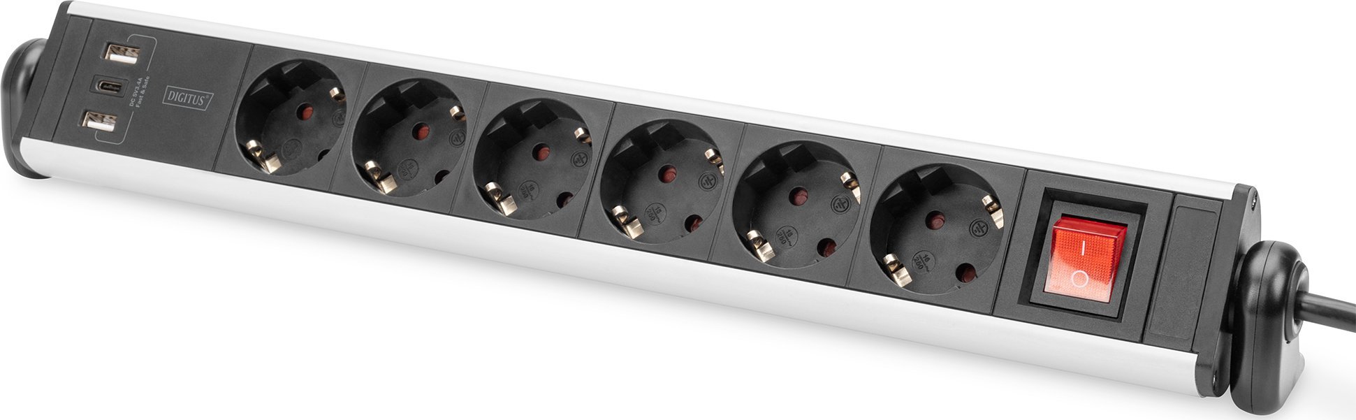 Listwa zasilająca Digitus Listwa zasilajšca biurowa 45° 6 gniazd, 2xUSB-A 1xUSB-C (5V/3,4A) możliwoć obrotu o 180°, aluminiowa, z zaciskiem na blat