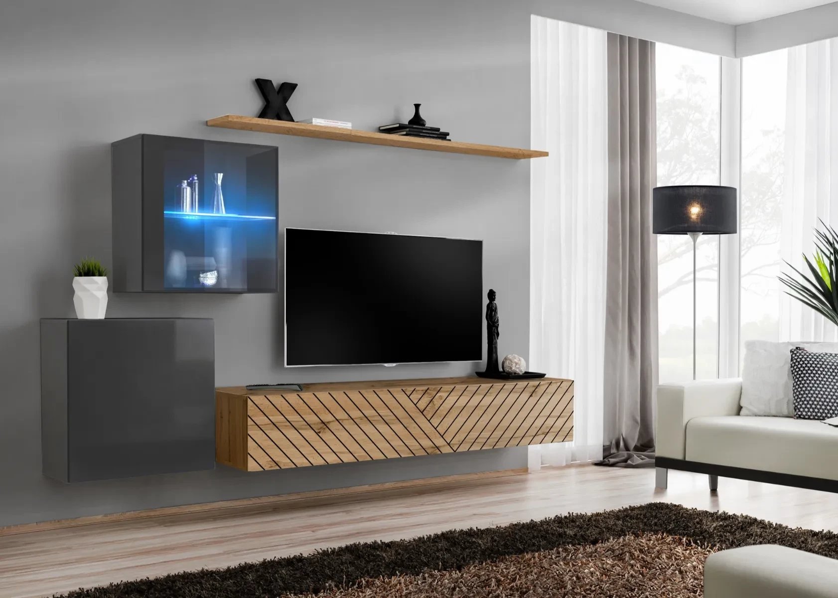 Meblościanka SWITCH LAMEL XV szara/dąb wotan ASM Meble