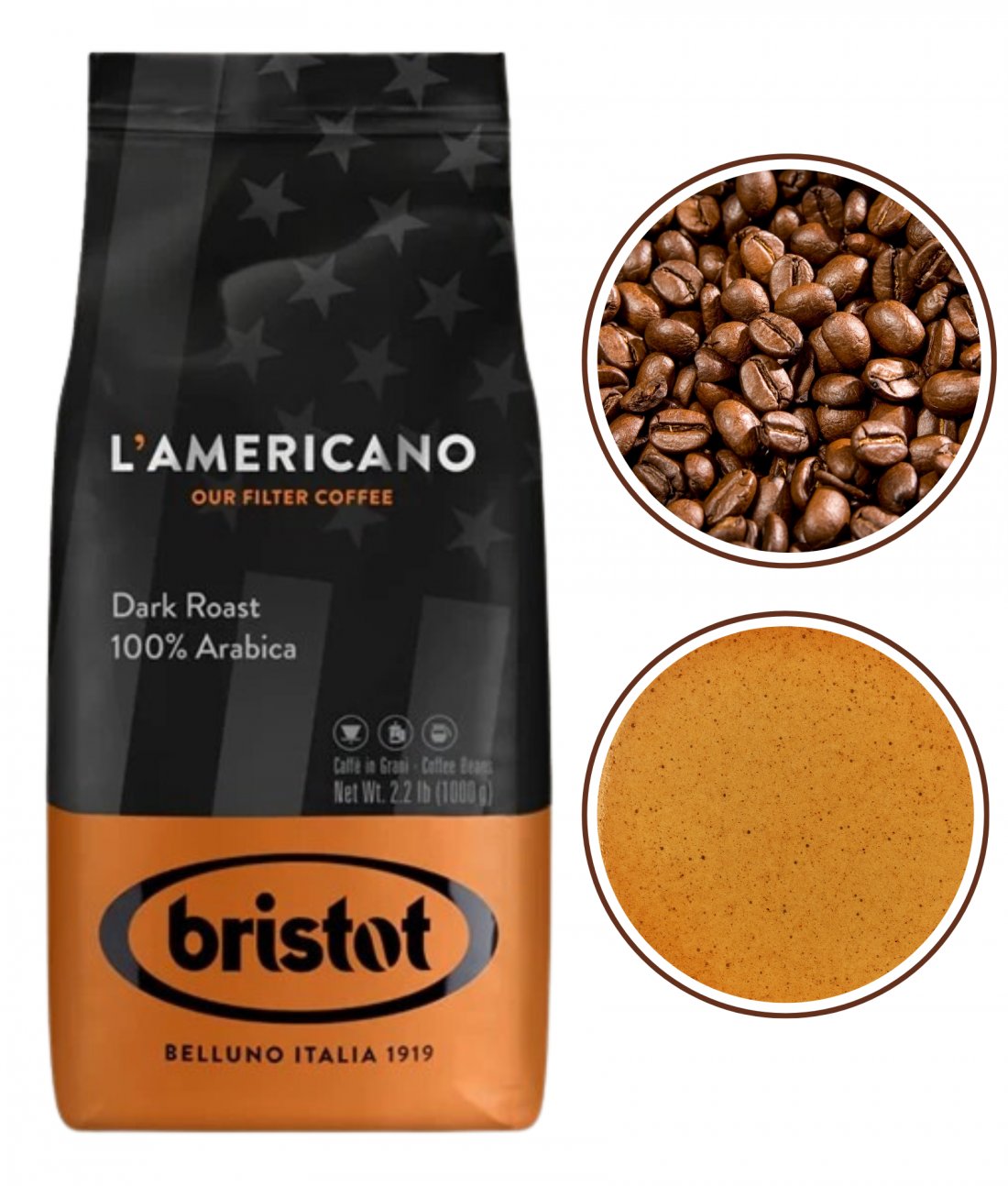 Bristot L'americano Arabica kawa ziarnista mocno palona intensywna 1kg