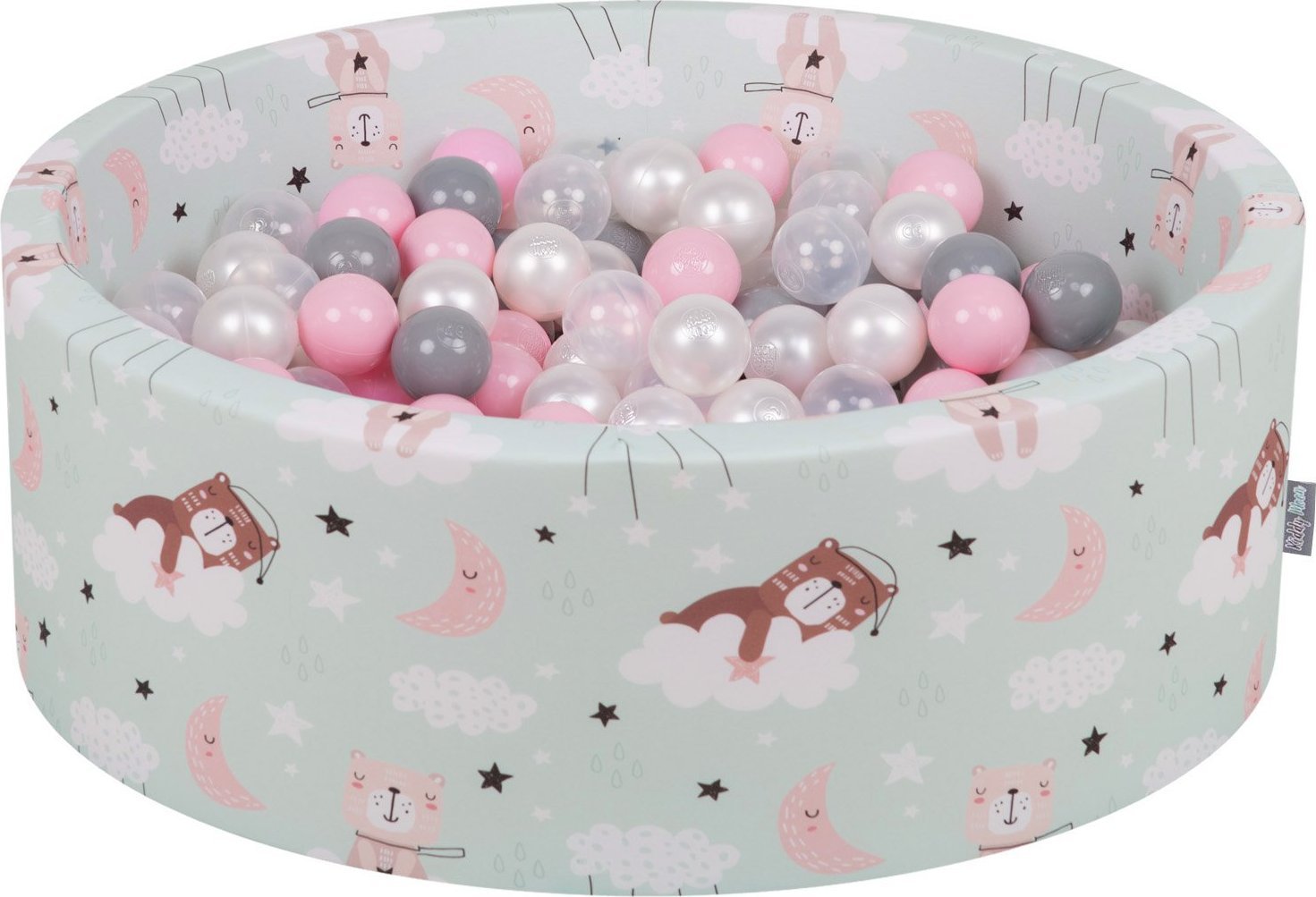 KiddyMoon KiddyMoon Suchy basen okrągły z piłeczkami 7cm śpiące misie-zielony: perła-szary-transparent-pudrowy róż 90x30cm/200piłek Zabawka basen pian