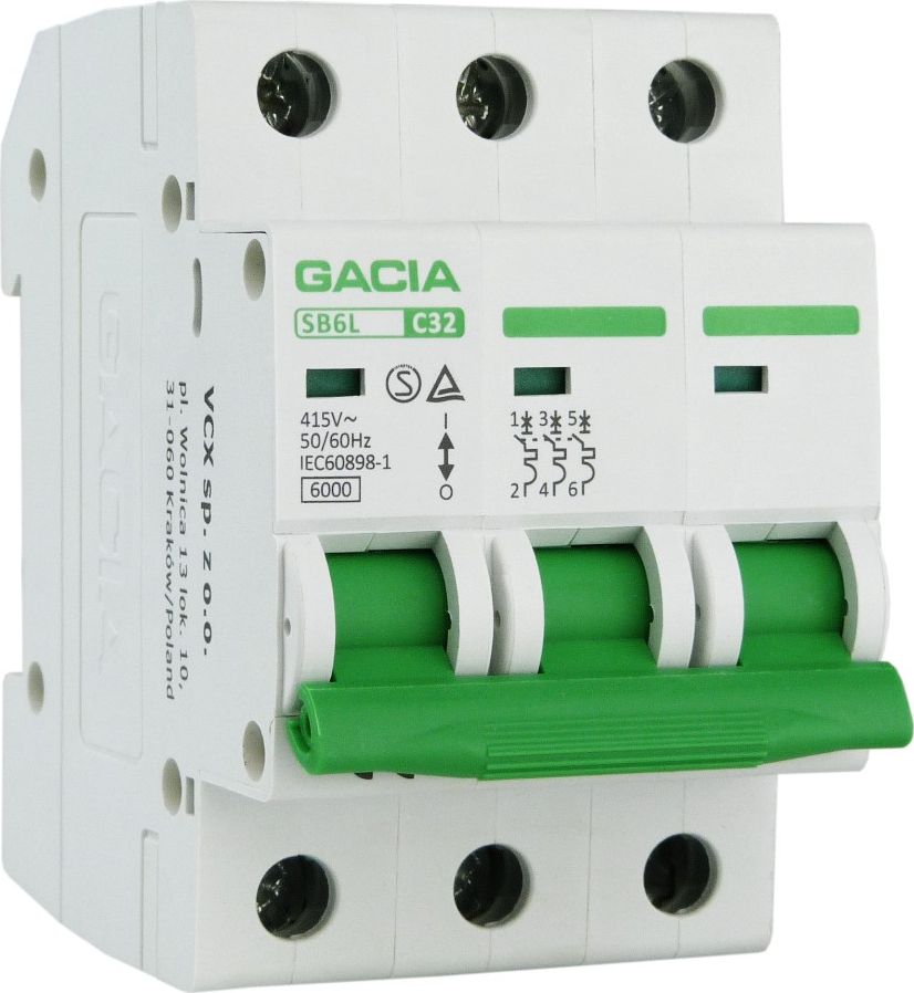 GACIA C32 3P 6kA Wyłącznik nadprądowy bezpiecznik typ S eska SB6L C 3P 32A GACIA 9865