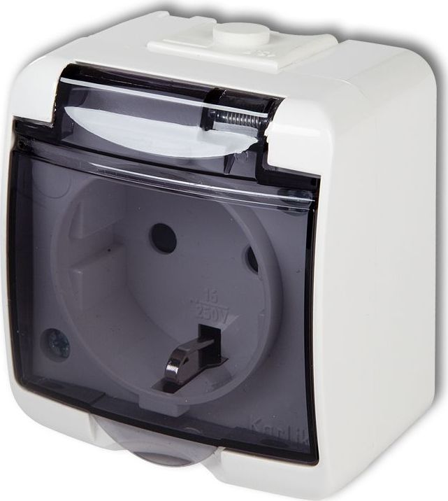Karlik JUNIOR Gniazdo pojedyncze z/u SCHUKO (klapka dymna) biały GHE-1sd