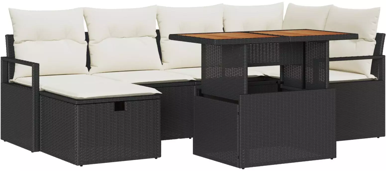 vidaXL 7-elementowy zestaw sofy ogrodowej z poduszkami, czarny rattan polietylenowy, vidaXL 2-osobowa sofa ogrodowa z przechowywaniem i poduszkami, cz