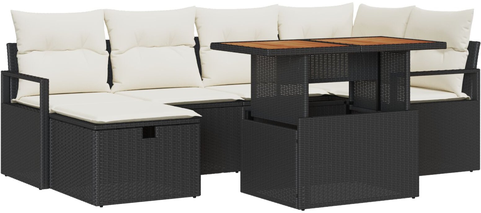 vidaXL 7-elementowy zestaw sofy ogrodowej z poduszkami, czarny rattan polietylenowy, vidaXL 2-osobowa sofa ogrodowa z przechowywaniem i poduszkami, cz