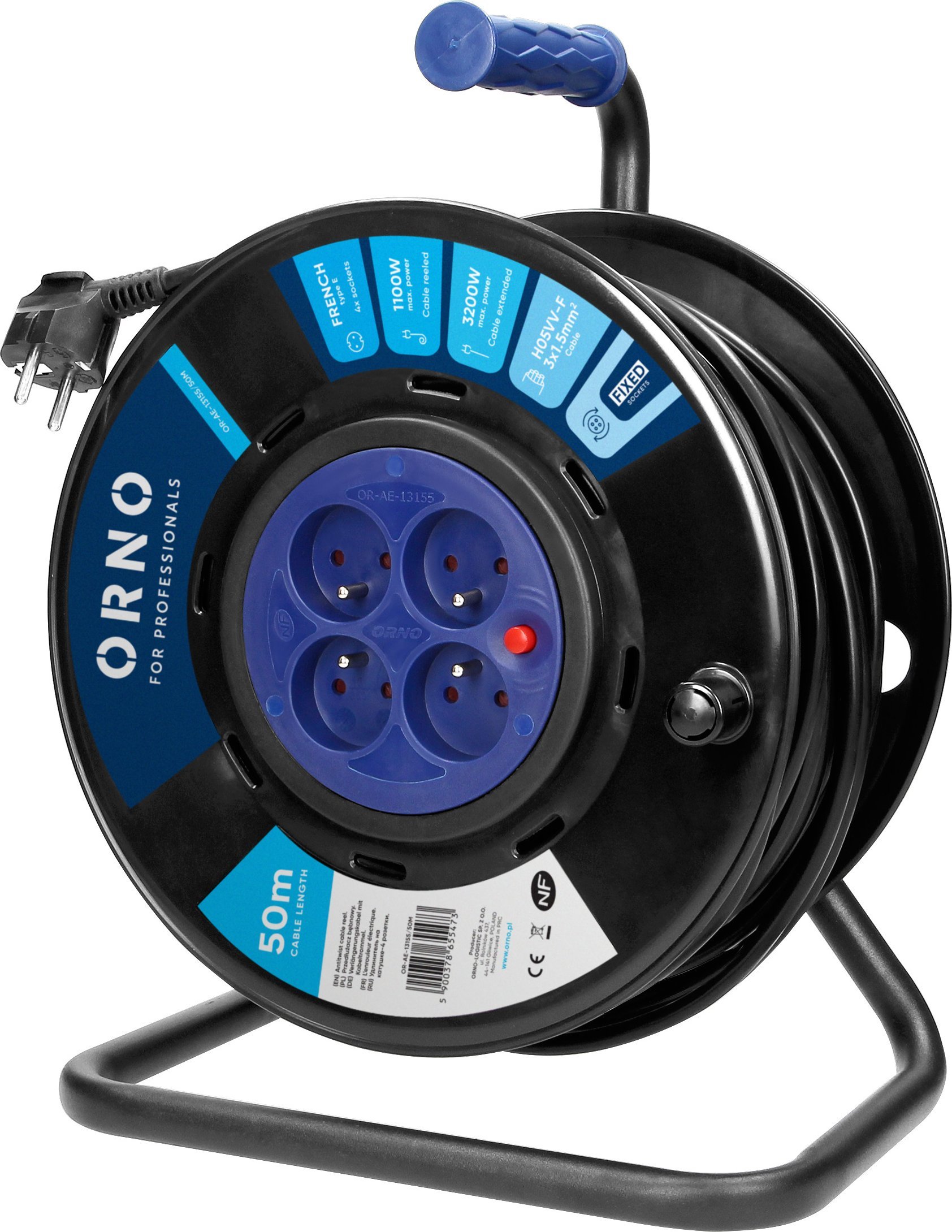 Orno Przedłużacz bębnowy, 4 gniazda 2P+Z, kabel PVC H05VV-F 3x1,5mm?, długość - 50m, STAŁE GNIAZDA, termik, przesłony torów prądowych