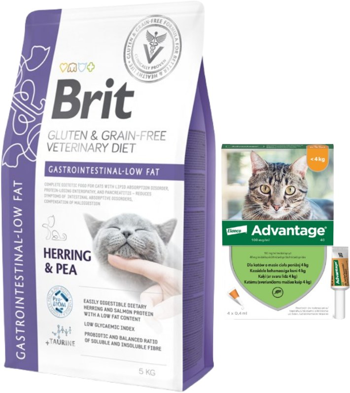 BRIT GF Veterinary Diets Cat Gastrointestinal-Low Fat 5kg + Advantage - dla kotów (0,4mlx4) *roztwór* blister