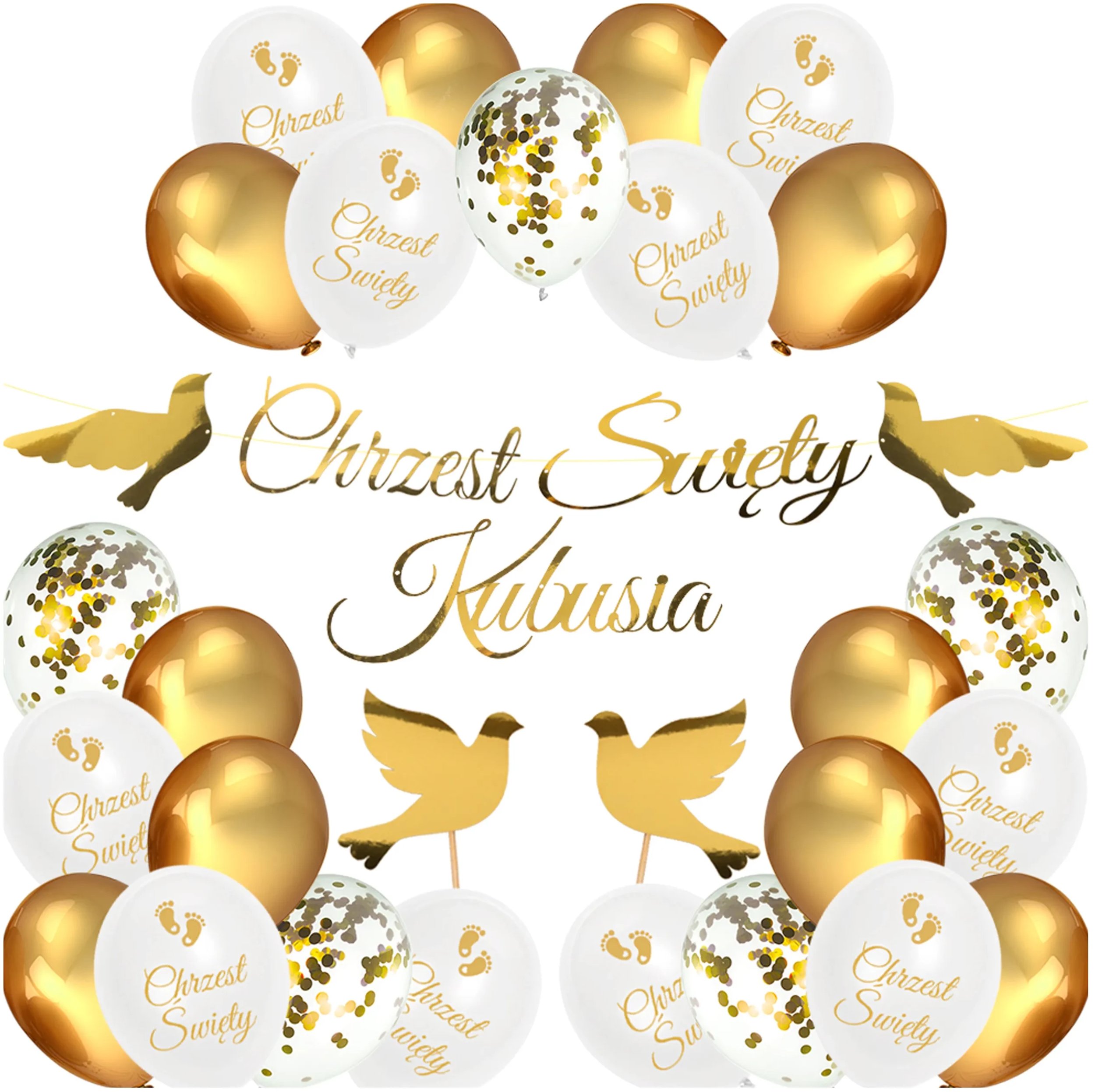 Balony Złote Topper Gołębie Baner Z Imienia Chrzest Święty