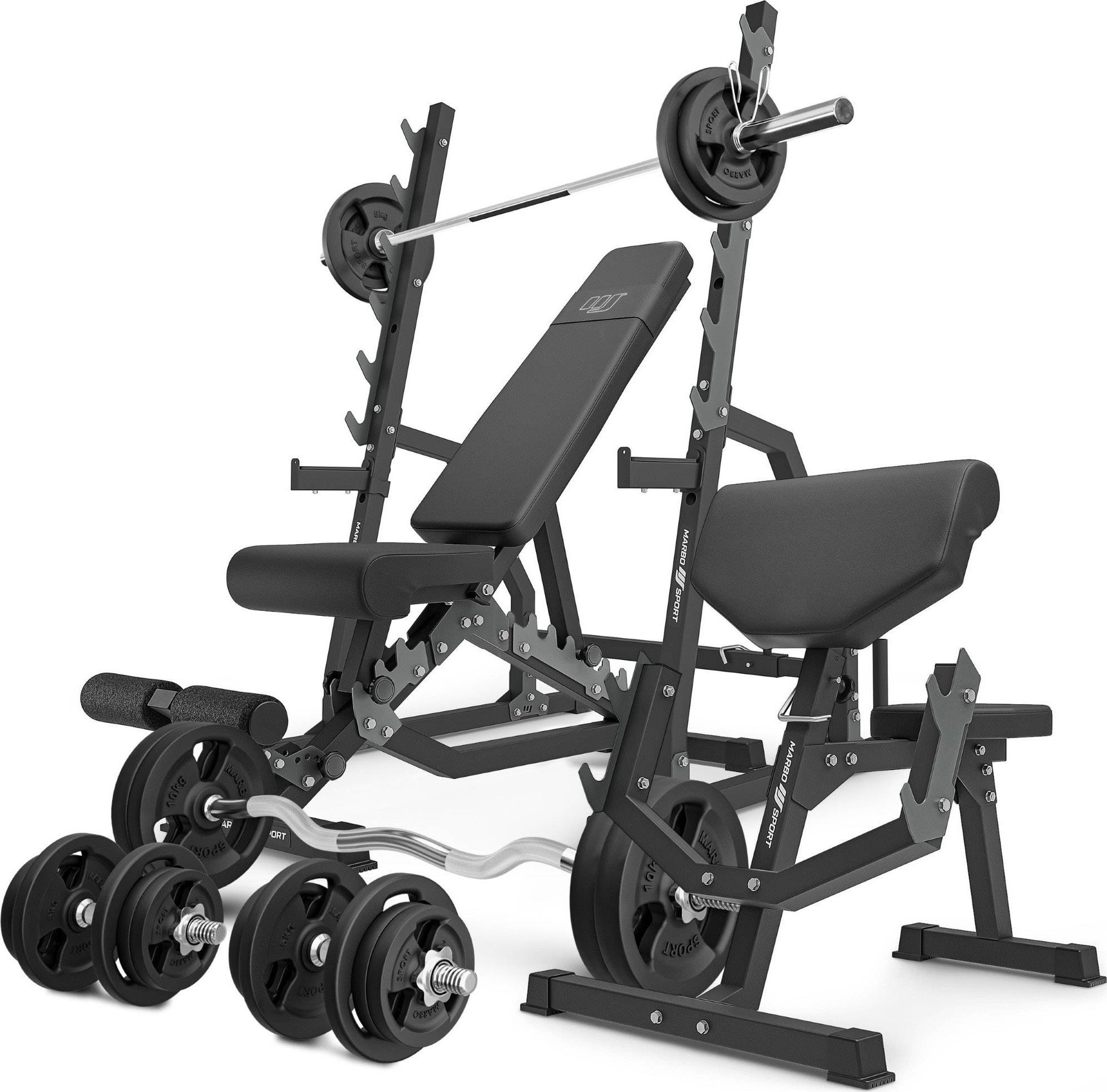 Zestaw MS6_2.0_113KG | Ławka dwustronna + stojaki bramowe + Ławka Scotta (modlitewnik) z regulacją podparcia + zestaw gryfów i obciążeń 113 kg - Marbo