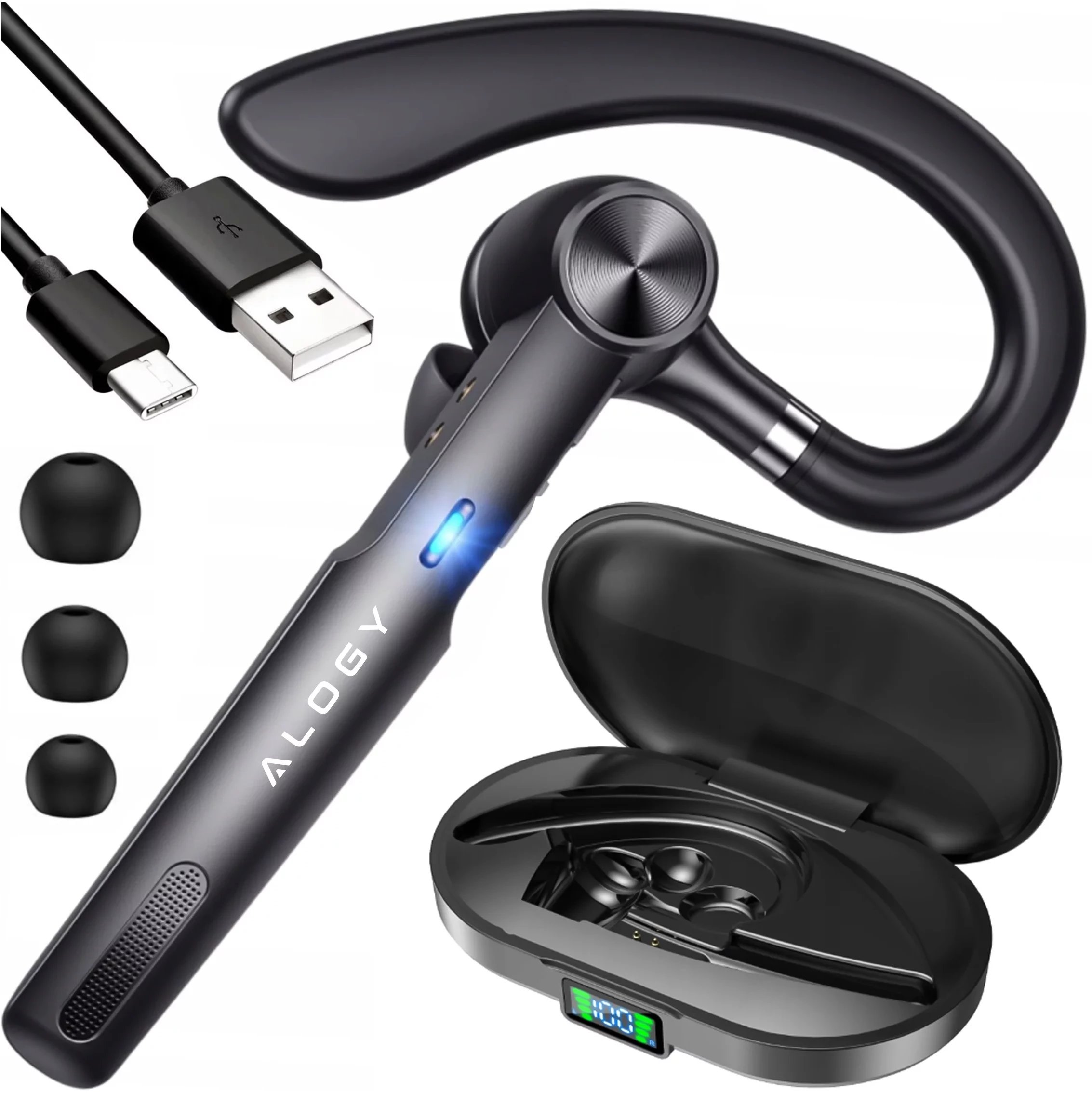 Słuchawka bezprzewodowa do rozmów Bluetooth zestaw słuchawkowy z etui ładującym G1 Alogy Czarna