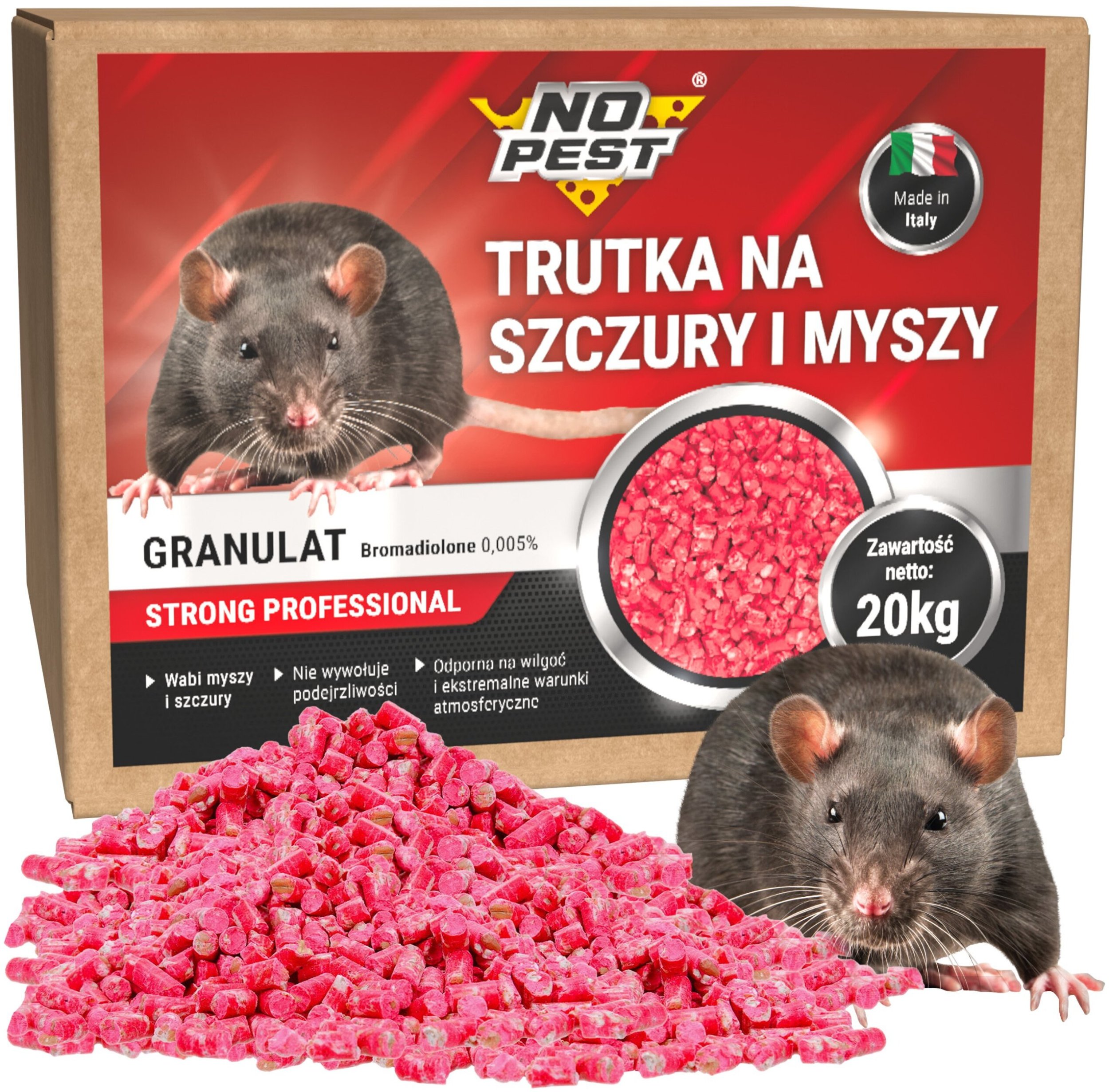 Trutka na Szczury i Myszy Trucizna Środek Pellet Granulat Bromadiolon do Zwalczania Szczurów Myszy Gryzoni Karton 20kg