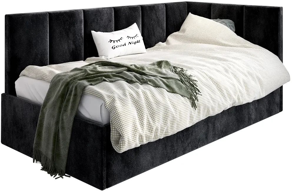 Łóżko młodzieżowe AURA 90x200 czarne z tapicerowanym panelem L i pojemnikiem na pościel MKPOL