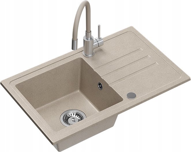 Zlewozmywak BEN 111 zlewozmywak granitowy river sand 70x44 z beżową baterią z elastyczną wylewką, ze stalowym syfonem i zaślepką