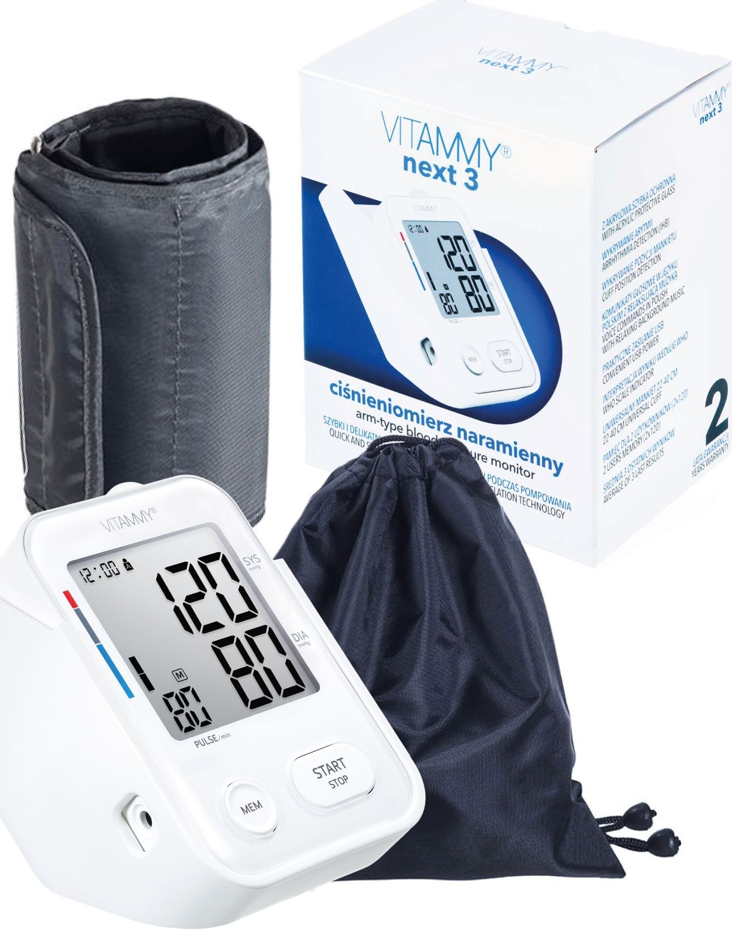 Ciśnieniomierz Vitammy VITAMMY NEXT 3 Ciśnieniomierz naramienny z mankietem 22-40cm z innowacyjnym stojakiem, funkcją głosową i praktycznym zasilaniem