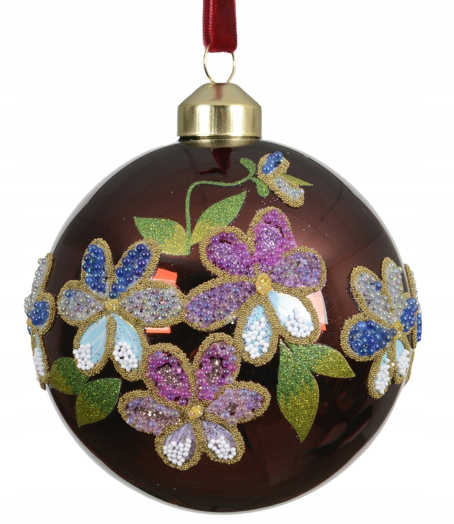 Bombka choinkowa szklana dekorowana brązowa w kwiatki duża 10cm 1szt