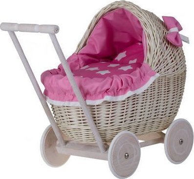 WickerPL LILI WIKLINOWY WYBIELANY WÓZEK DLA LALEK Z OBSZYCIEM RÓZOWYM 48X28 H26/47 CM