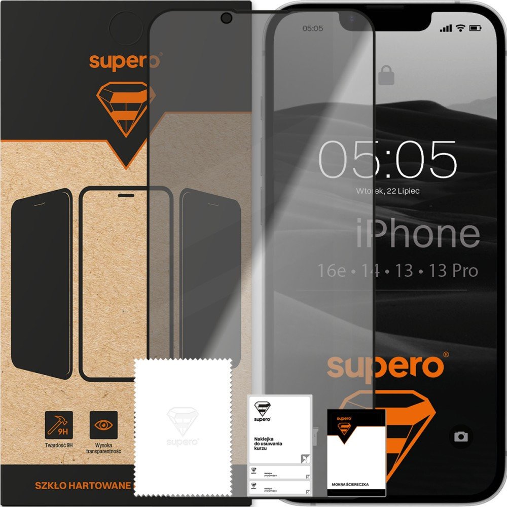 Szkło hartowane do iPhone 16e/14/13/13 Pro, prywatyzujące Supero, z czarną ramką