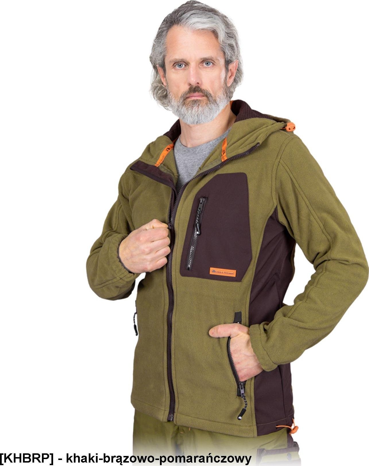 Leber&Hollman LH-NA-P - Bluza polarowa NEW AGE z kapturem, 6 kieszeni, 100% poliester, 300 g/m2 - khaki-brązowo-pomarańczowy L