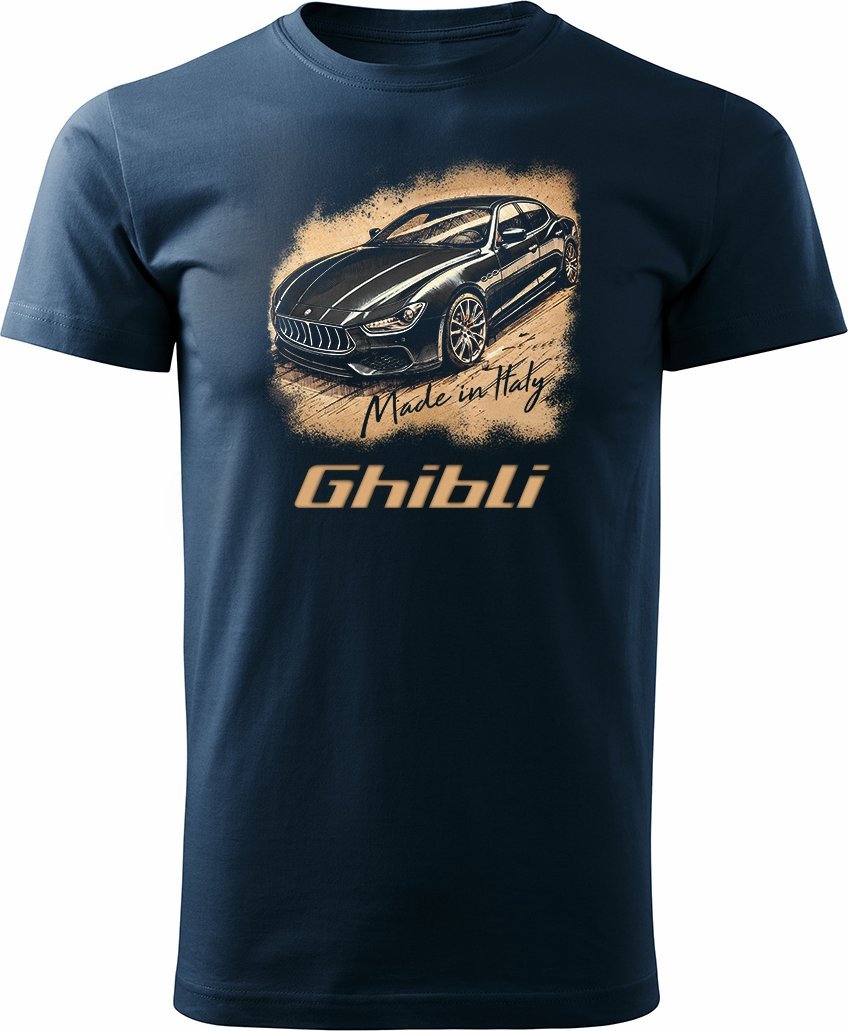 Koszulka samochodowa z samochodem Maserati Ghibli męska granatowa REGULAR XL