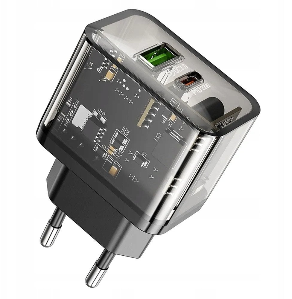 Ładowarka sieciowa do telefonu Hoco USB A + USB C QC3.0 PD 3A 20W N34 transparentna