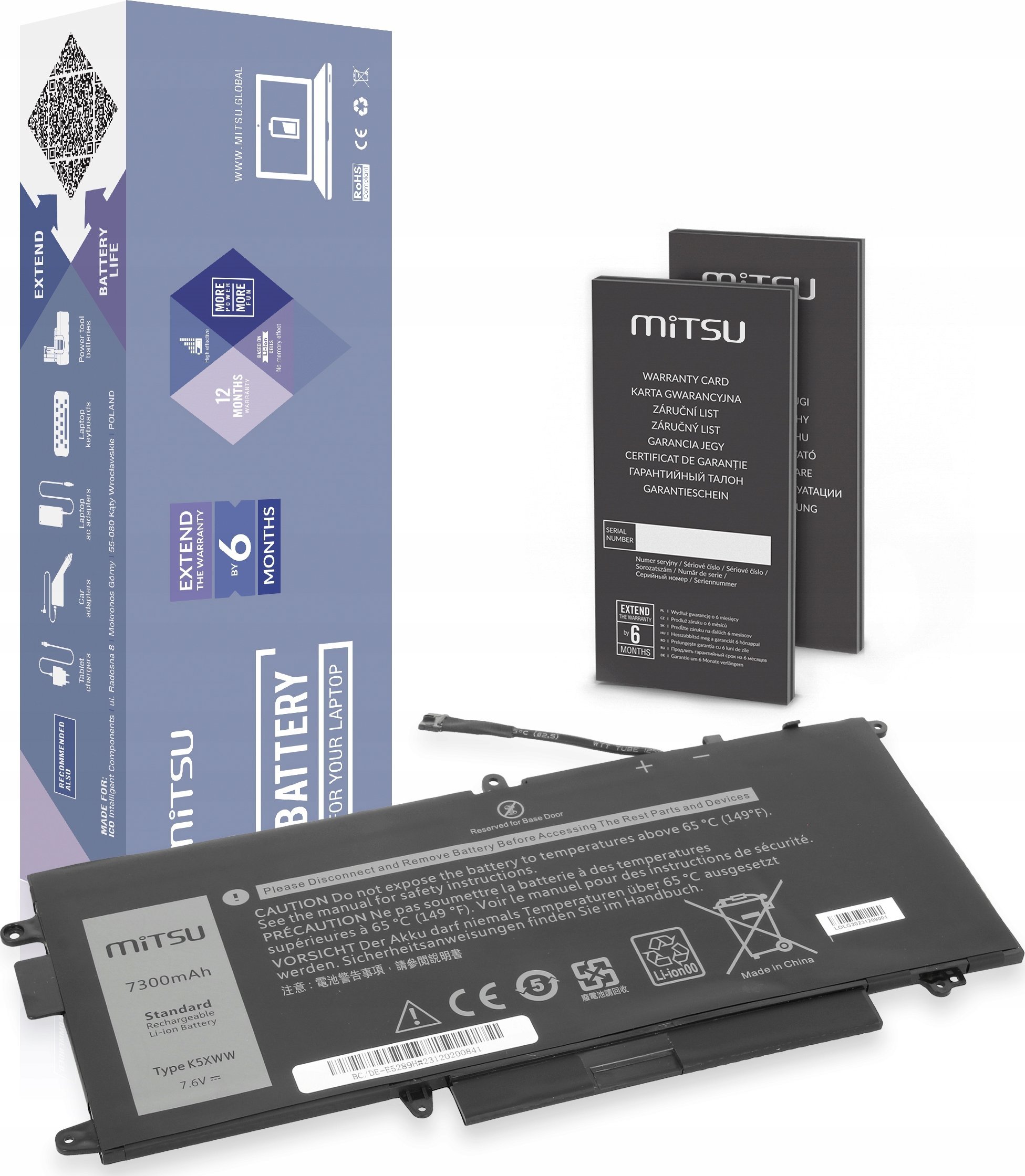 Bateria Mitsu Bateria K5XWW do Dell Latitude 5289 7390 2-in-1 - 7300mAh