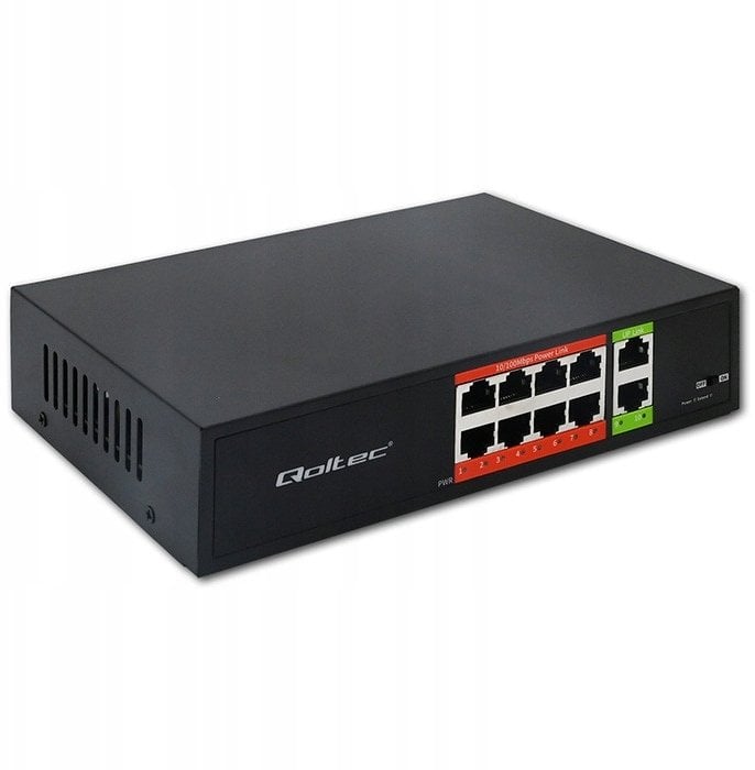 Switch niezarządzalny Qoltec przełącznik sieciowy Fast Ethernet PoE | 8x RJ45 | 2x RJ45 Uplink | 120W | 10/100Mb/s