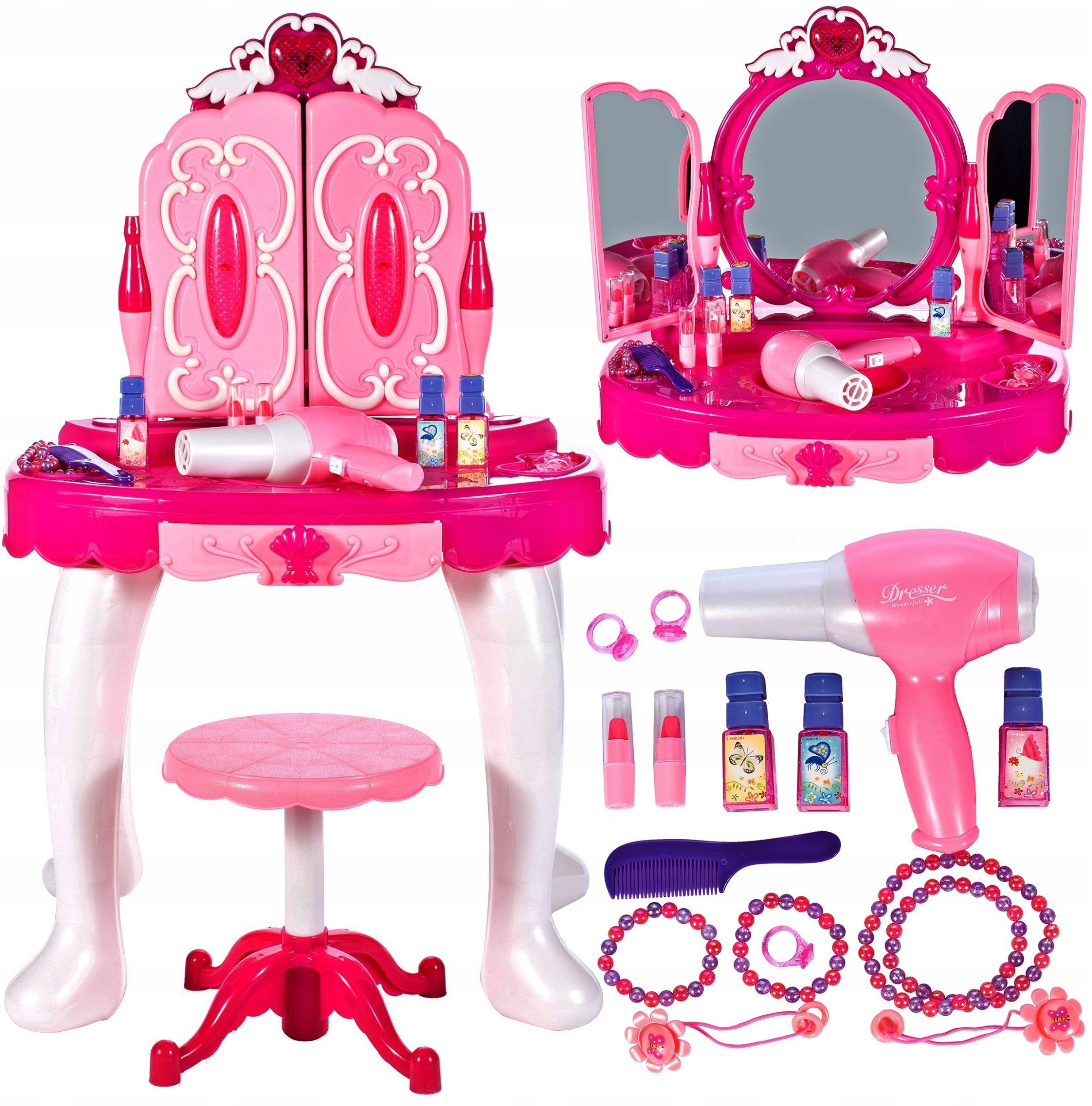 Toaletka Różowa z Suszarką Lusterkiem i Akcesoriami