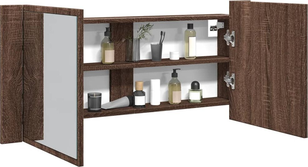 vidaXL Szafka łazienkowa z lustrem i LED, brązowy dąb, 100x12x45 cm